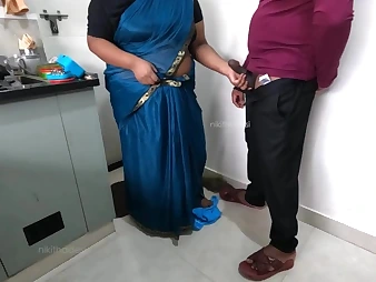 Wild Tamil Maid Nikithadesi Strokes with a owner Pipe in the Kitchen